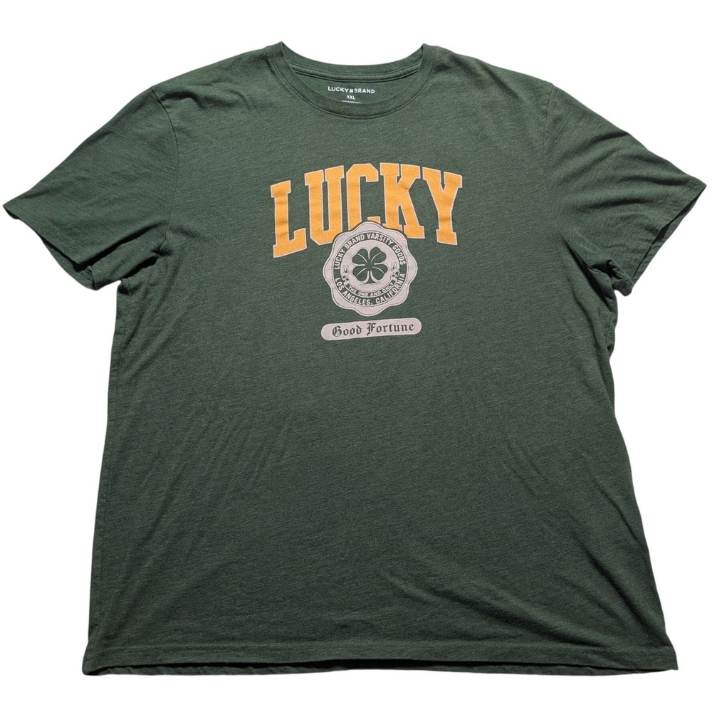 Lucky Brand Good Fortune Clover Mens XXL Green Varsity Graphic Tee T-Shirt